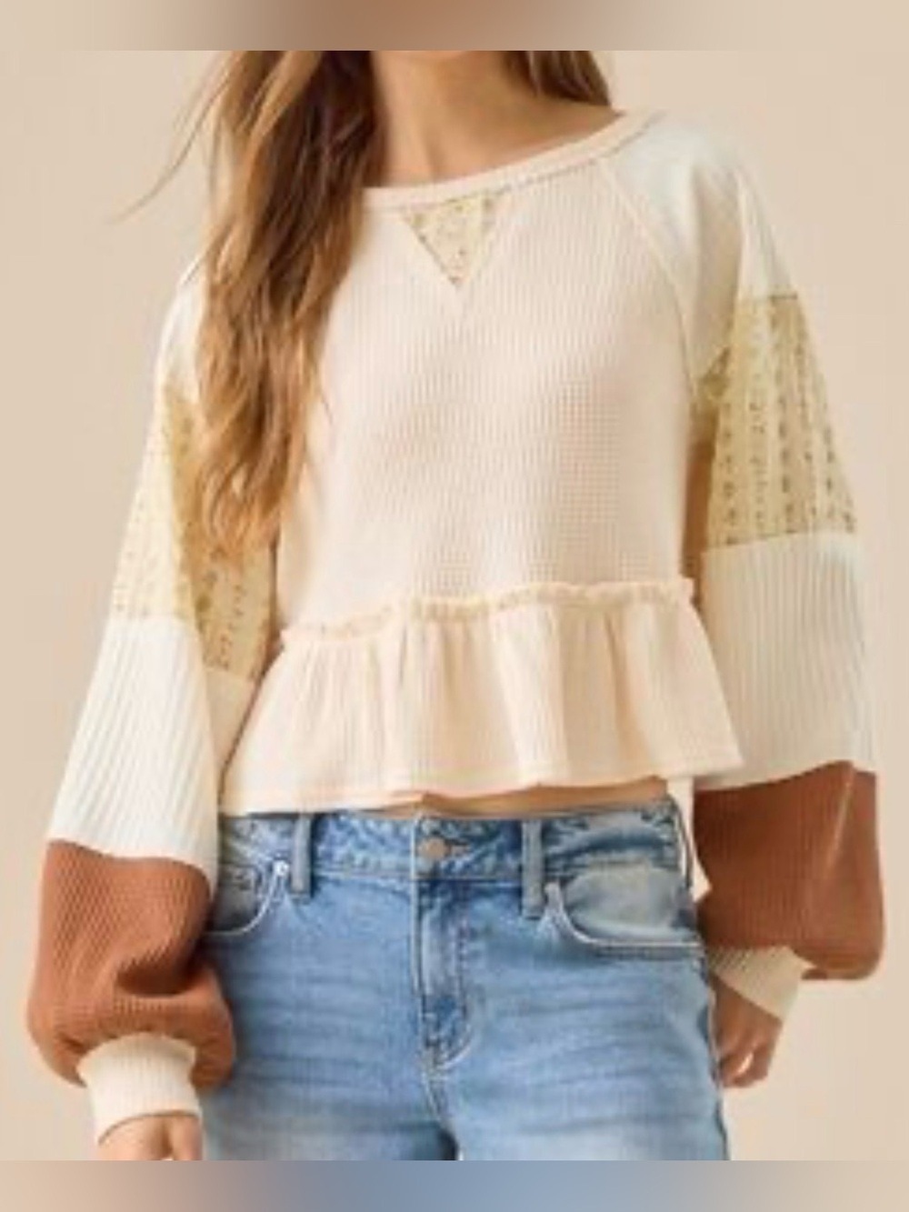 Altar'd State Cream and Brown Colorblock Ruffle Hem Sweater